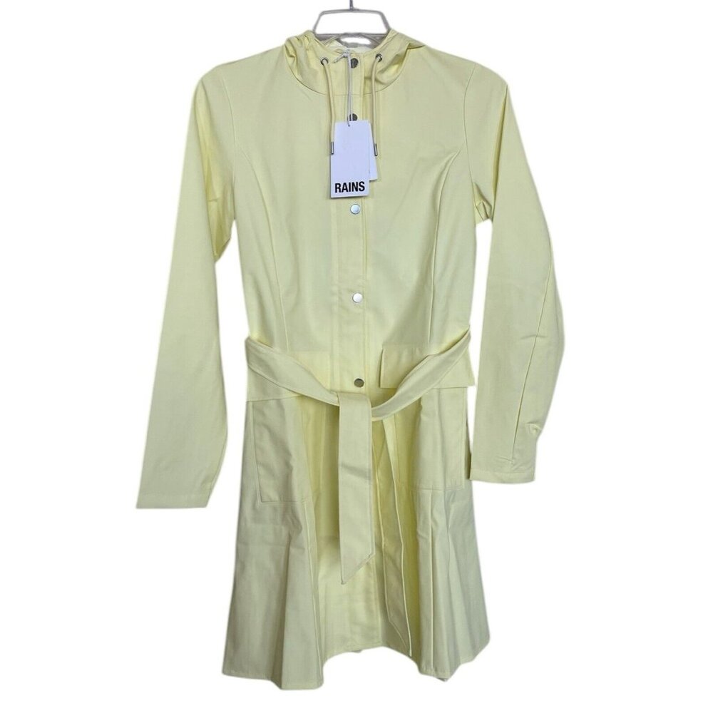 Rains Jacket Women’s Light Yellow Curve‎ Jacket Size Large Hooded Belted